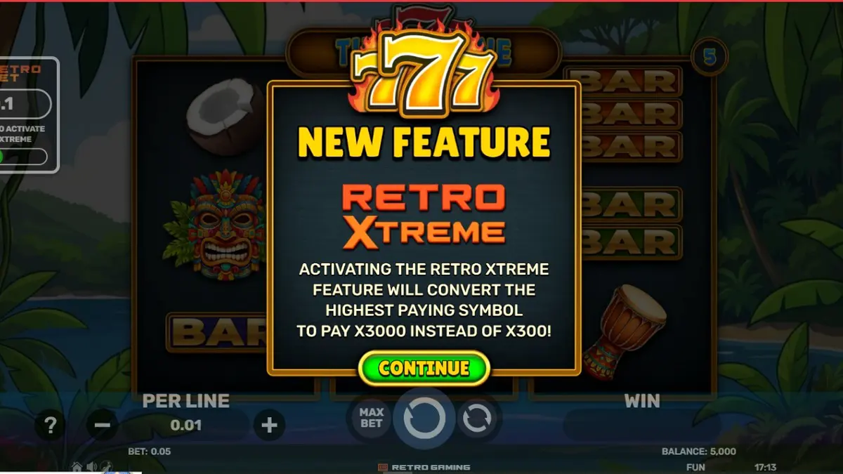 Tampilan visual mesin slot 777 – Tiki Throne dengan tema pulau tropis