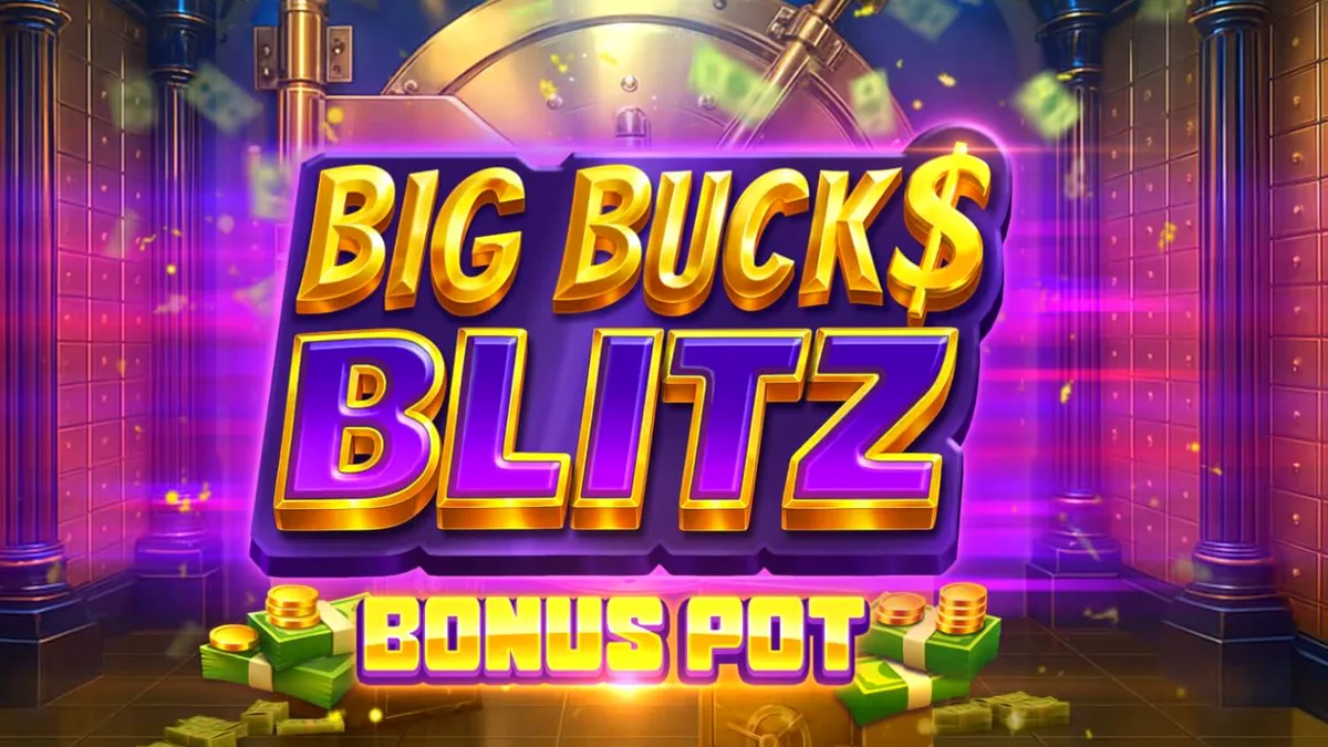 Tampilan visual mewah dari slot Big Bucks Blitz Bonus Pot dengan simbol emas dan brankas.